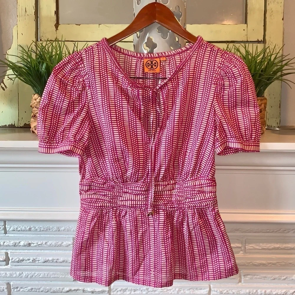 Tory Burch Peplum Pink Blouse Keyhole Neck with Ties Puff Sleeves Cotton Size 2